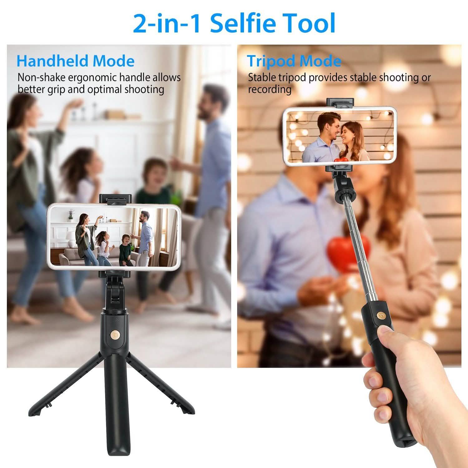 Perche à selfie sans fil Trépied extensible avec télécommande détachable pour téléphones de 3,5 à 6,2 pouces