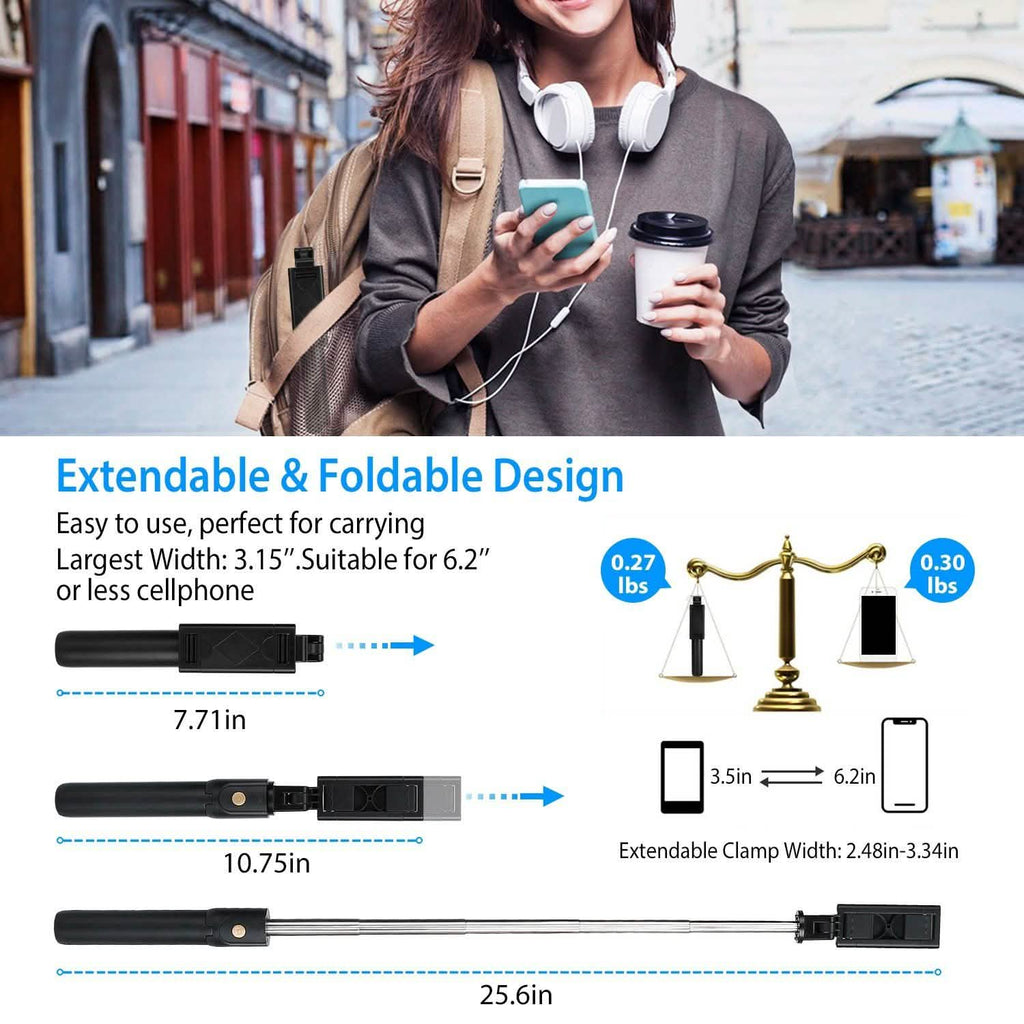 Perche à selfie sans fil Trépied extensible avec télécommande détachable pour téléphones de 3,5 à 6,2 pouces