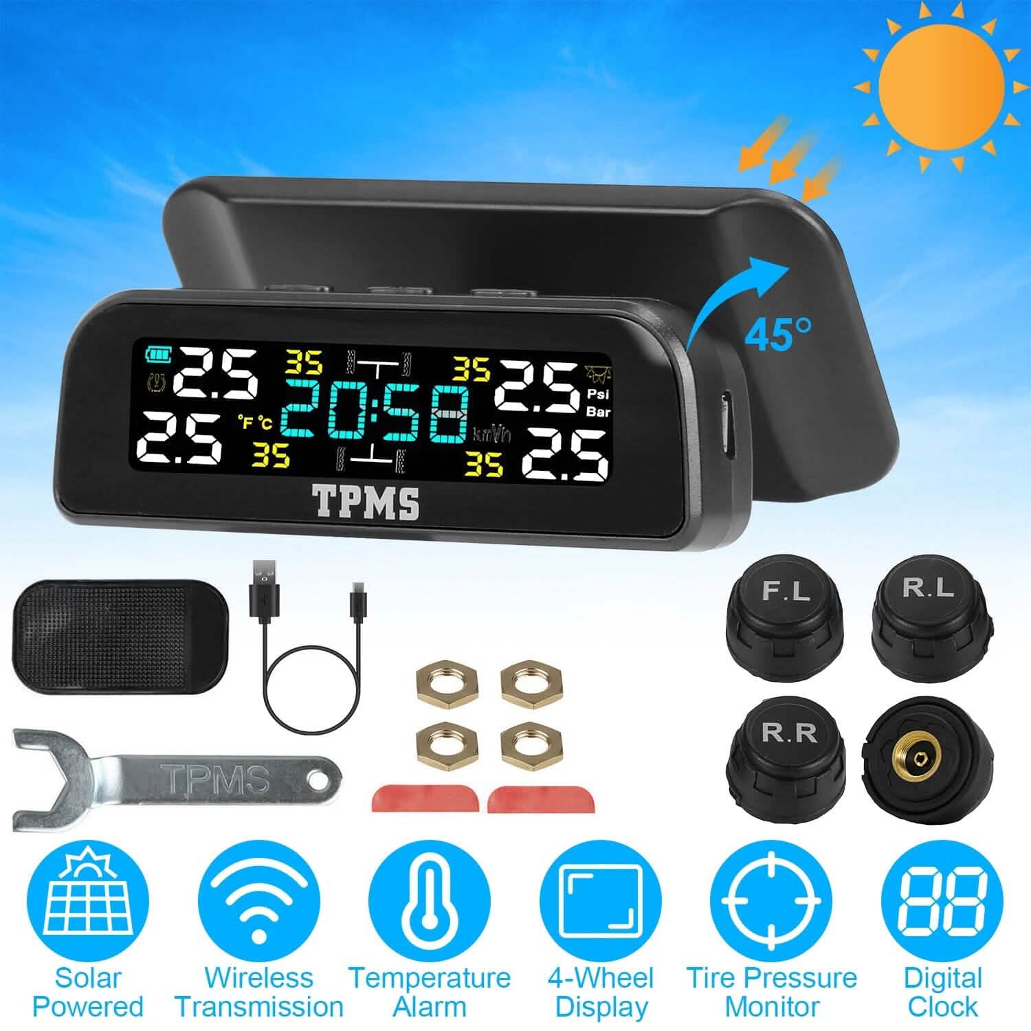 Système de Surveillance de Pression de Pneus Solaire Sans Fil pour Voiture, avec Capteurs de Température et Alarme