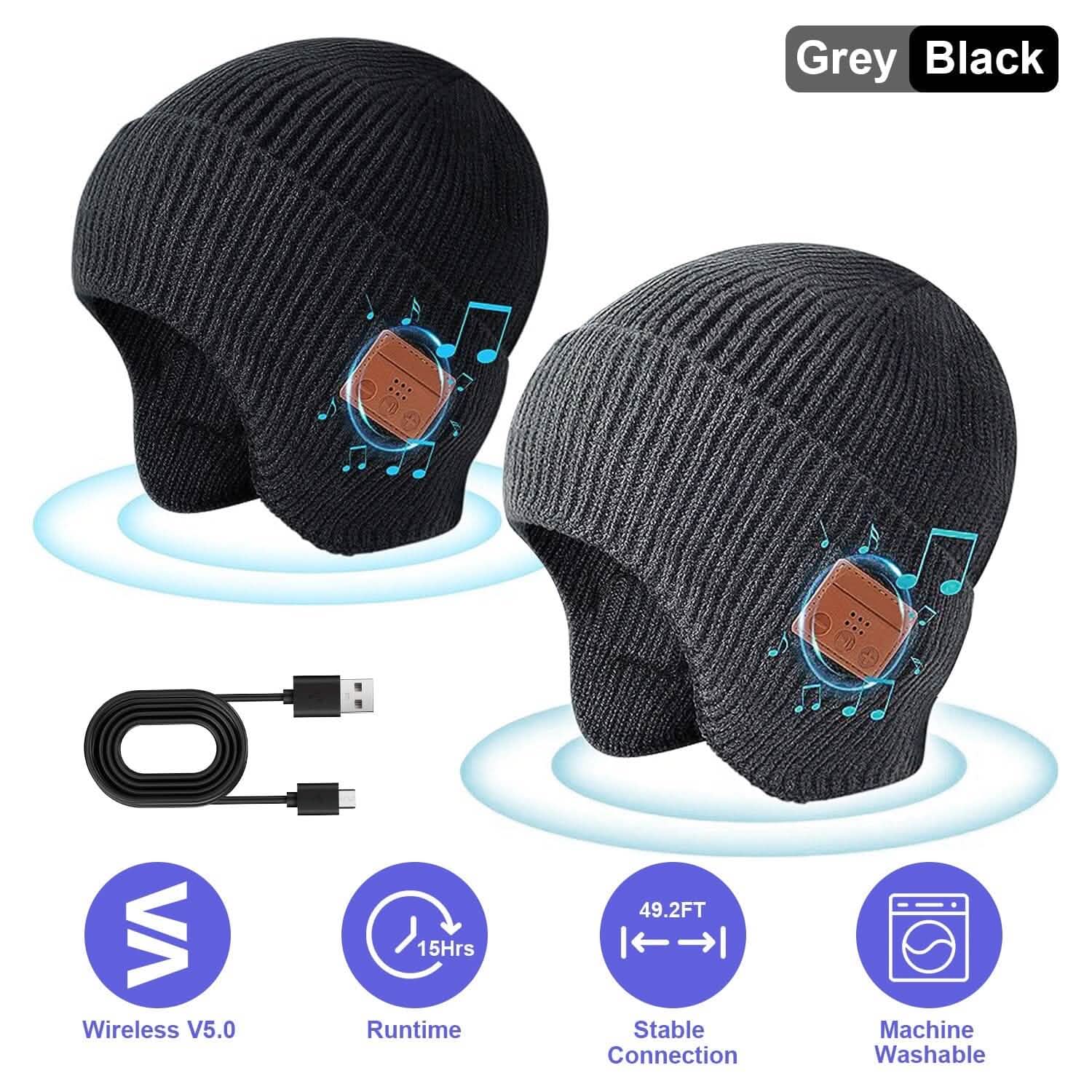 Bonnet sans fil V5.0 avec écouteurs rechargeable par USB
