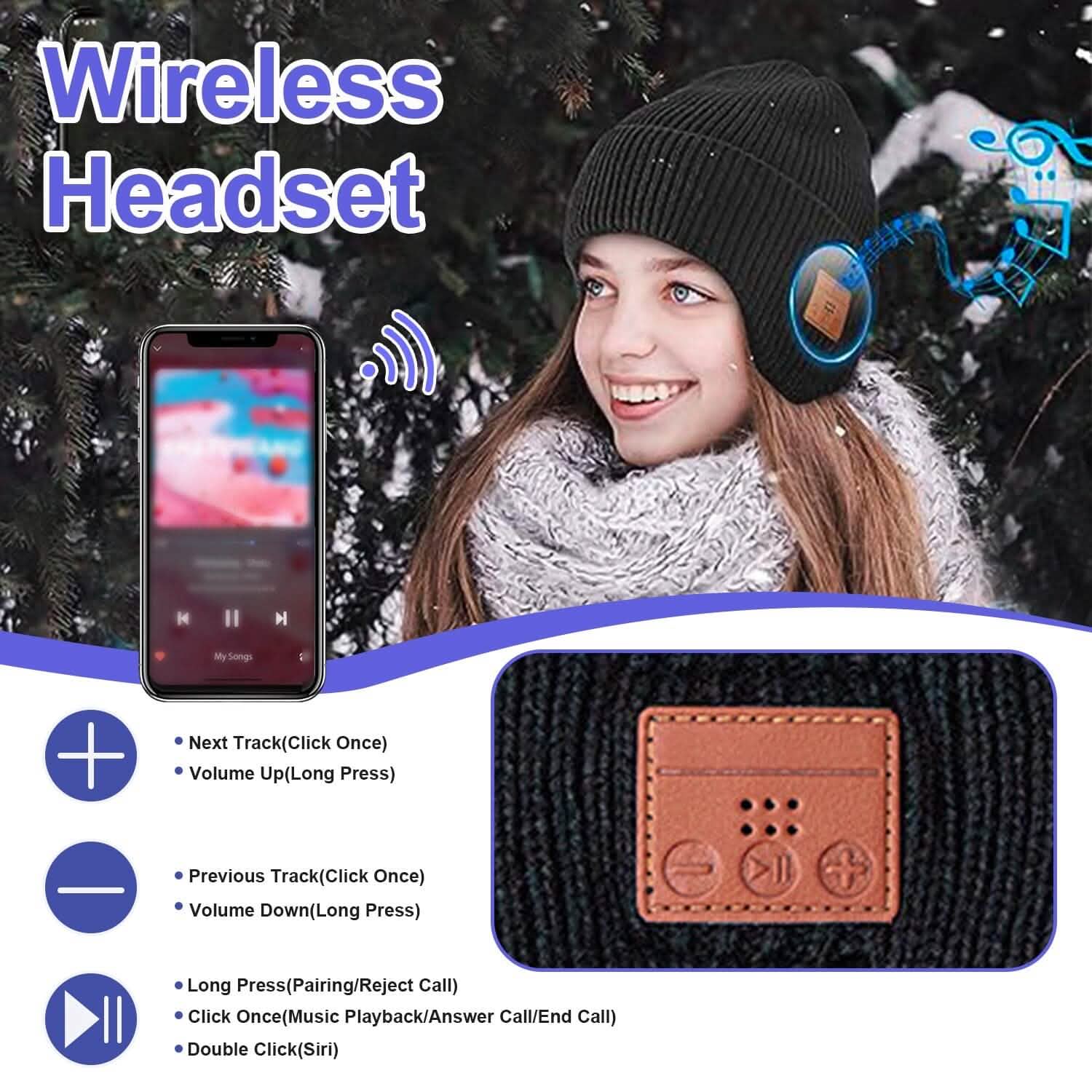 Bonnet sans fil V5.0 avec écouteurs rechargeable par USB