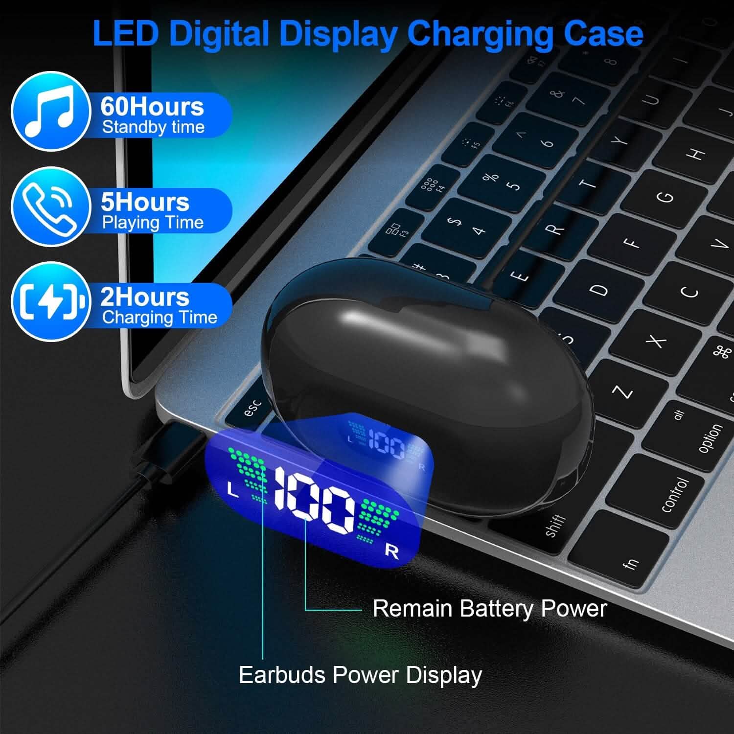 Écouteurs sans fil v5.3 Clip-on ouverts TWS avec micro intégré et boîtier de charge à affichage LED