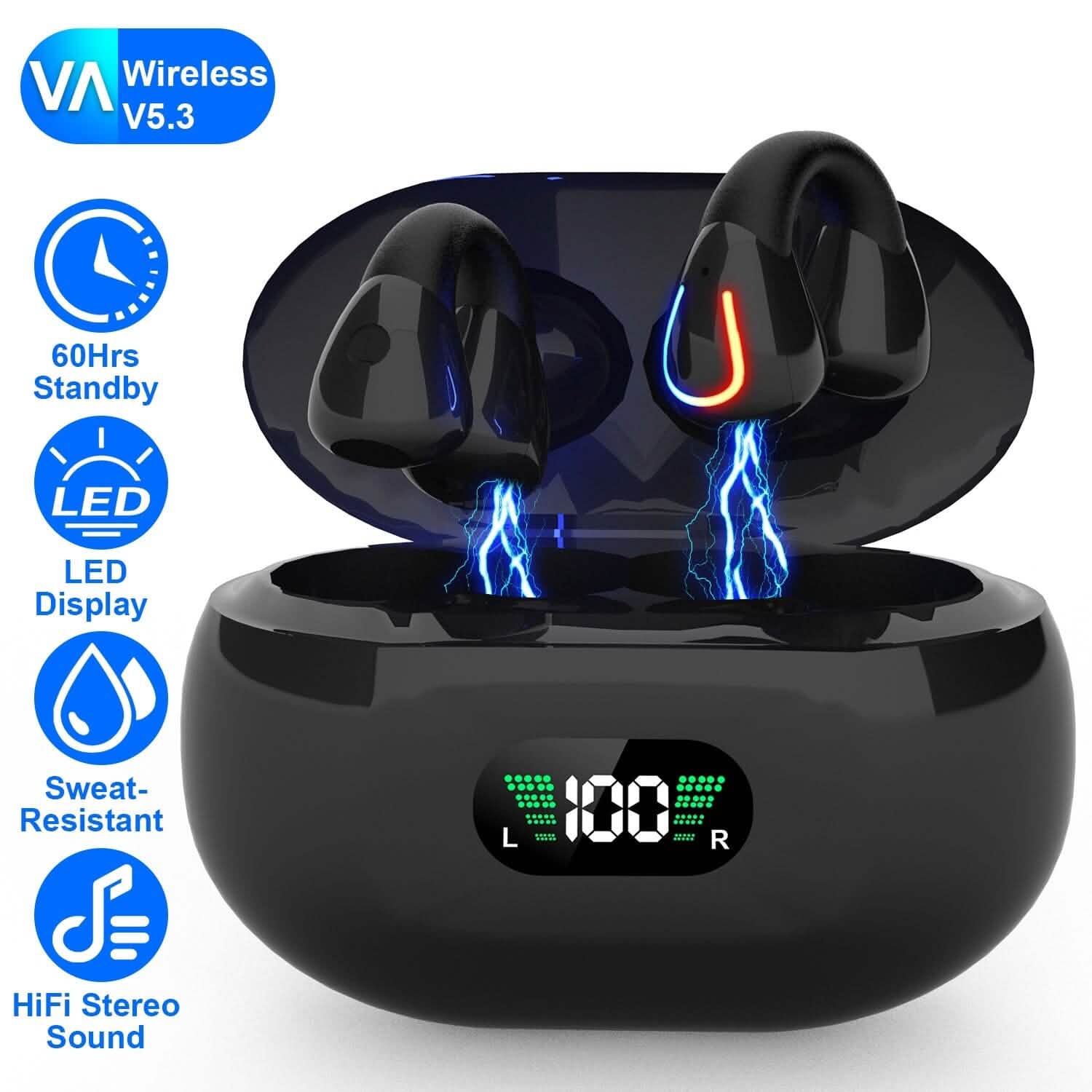 Écouteurs sans fil v5.3 Clip-on ouverts TWS avec micro intégré et boîtier de charge à affichage LED