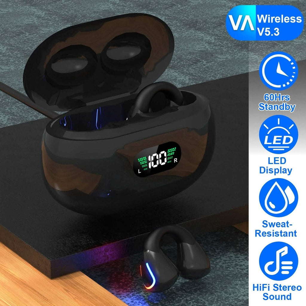 Écouteurs sans fil v5.3 Clip-on ouverts TWS avec micro intégré et boîtier de charge à affichage LED
