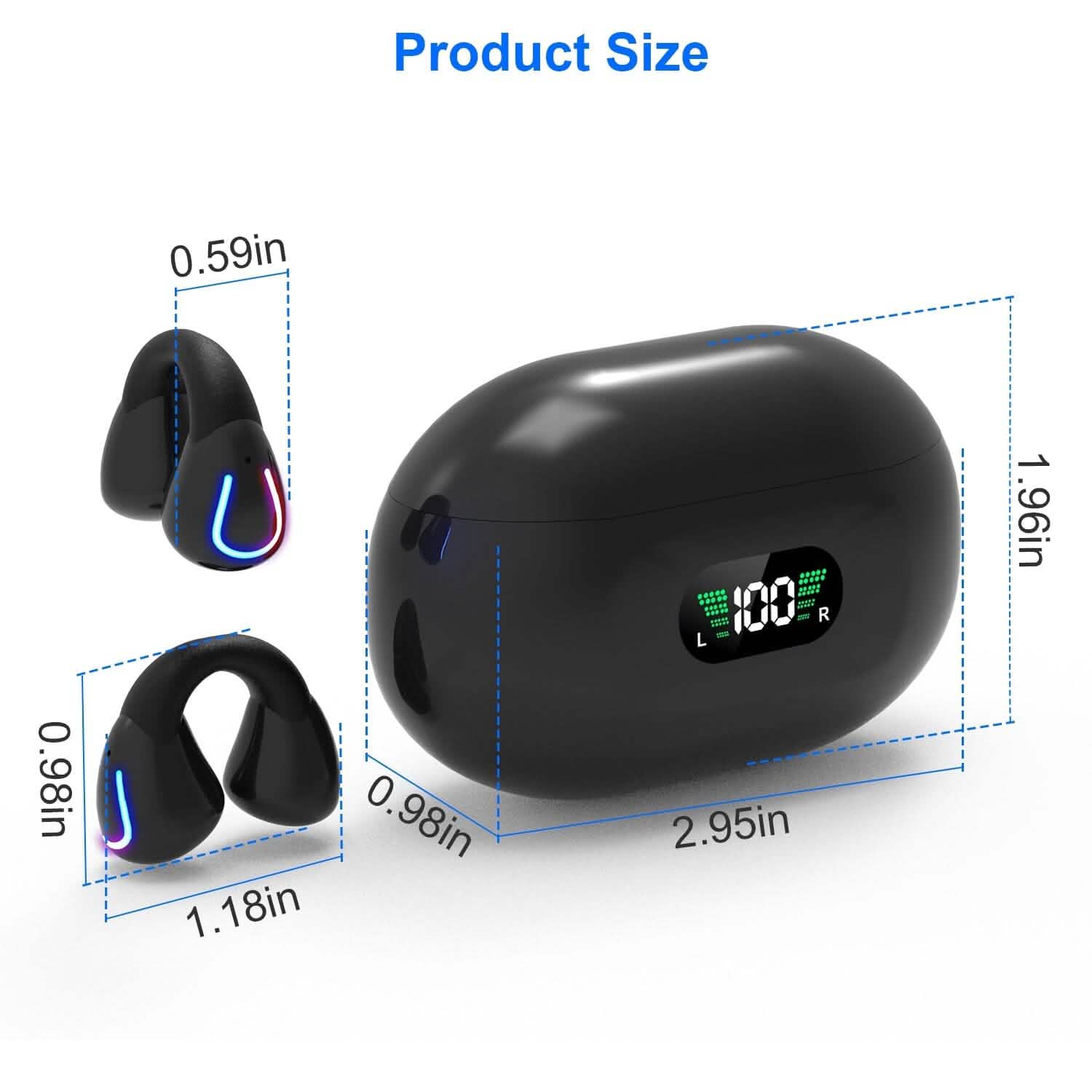 Écouteurs sans fil v5.3 Clip-on ouverts TWS avec micro intégré et boîtier de charge à affichage LED