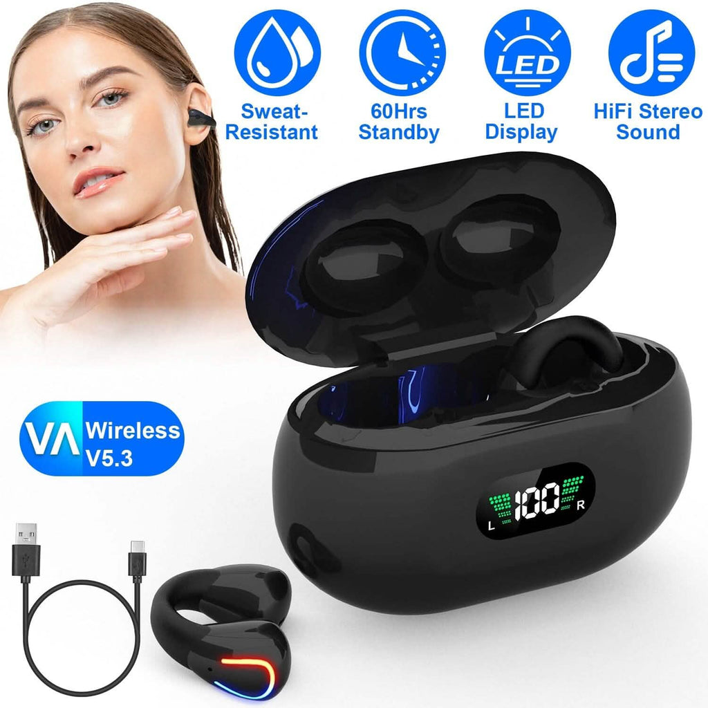 Écouteurs sans fil v5.3 Clip-on ouverts TWS avec micro intégré et boîtier de charge à affichage LED