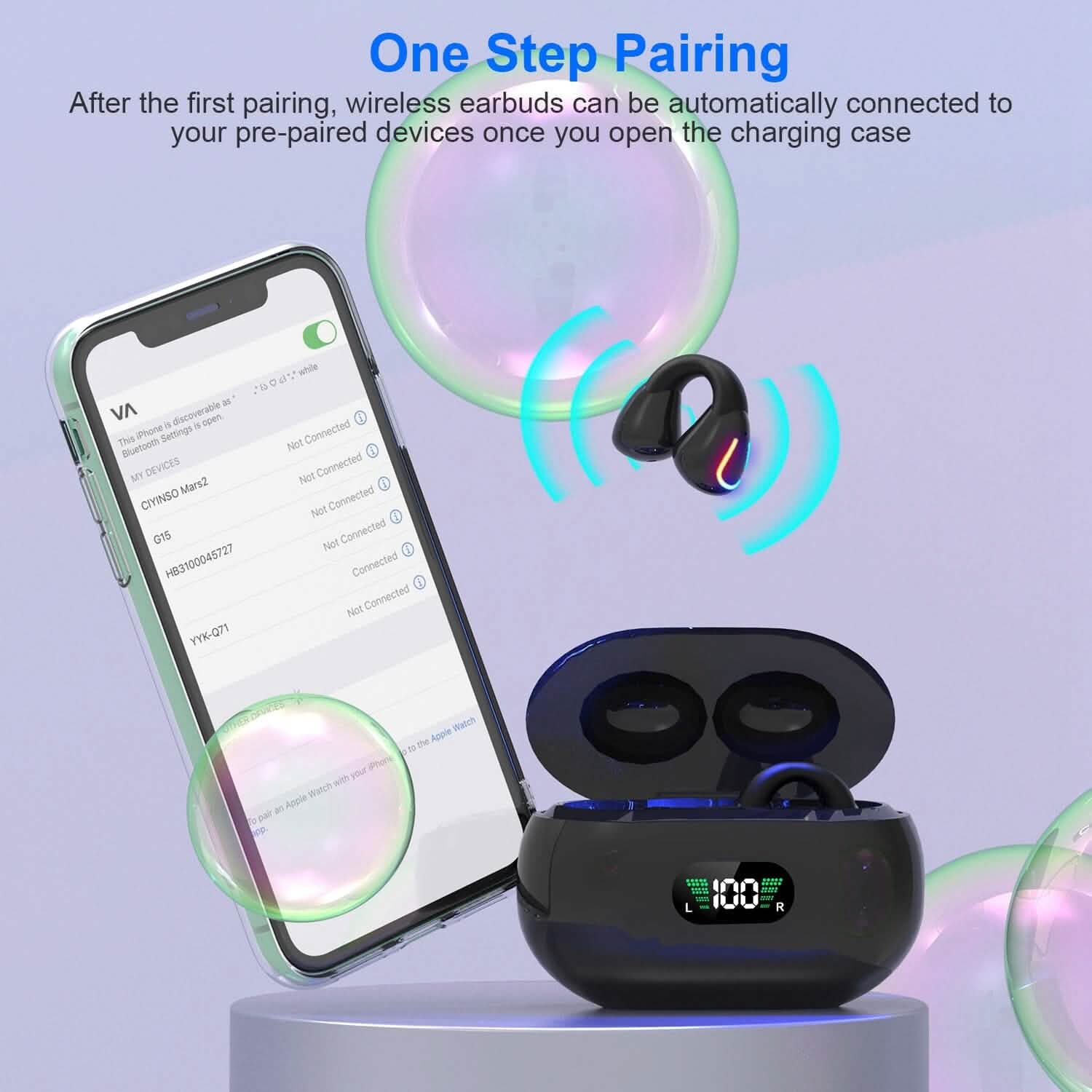 Écouteurs sans fil v5.3 Clip-on ouverts TWS avec micro intégré et boîtier de charge à affichage LED