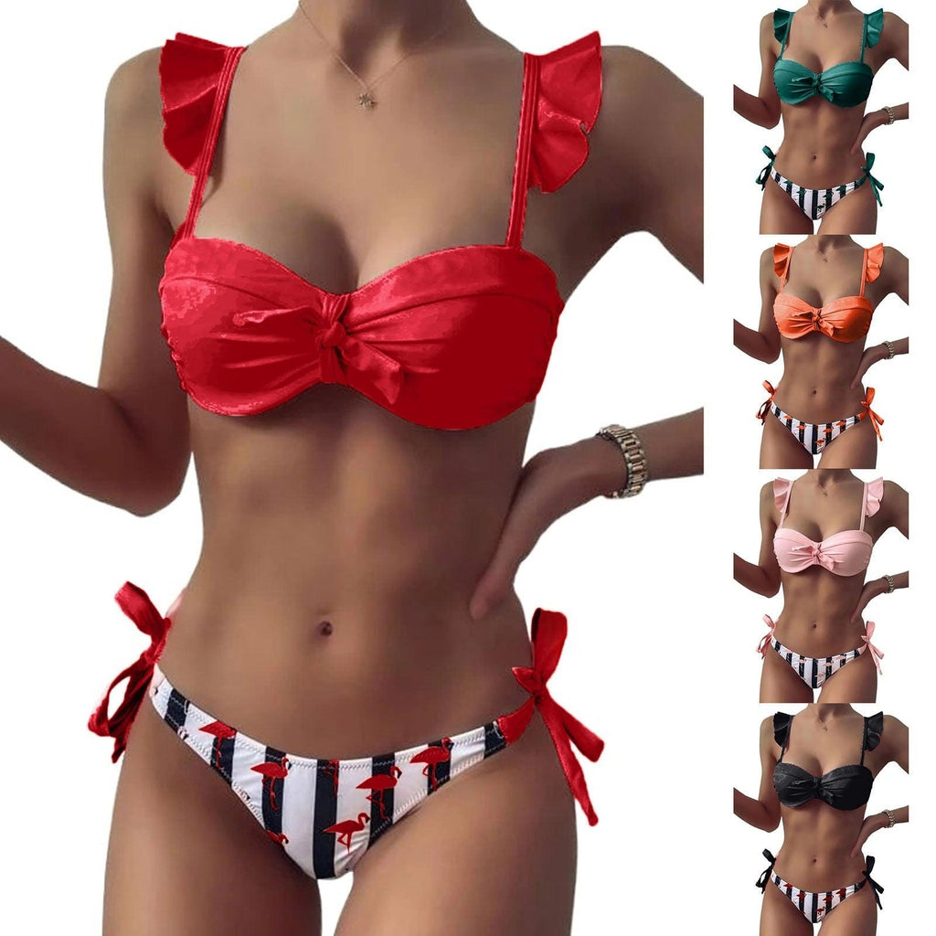 Ensemble de maillots de bain d'été 2 pièces pour femmes, hauts courts à volants et nœud papillon, maillot de bain imprimé rayé, bikini 2 pièces, maillots de bain d'été à volants et col en V