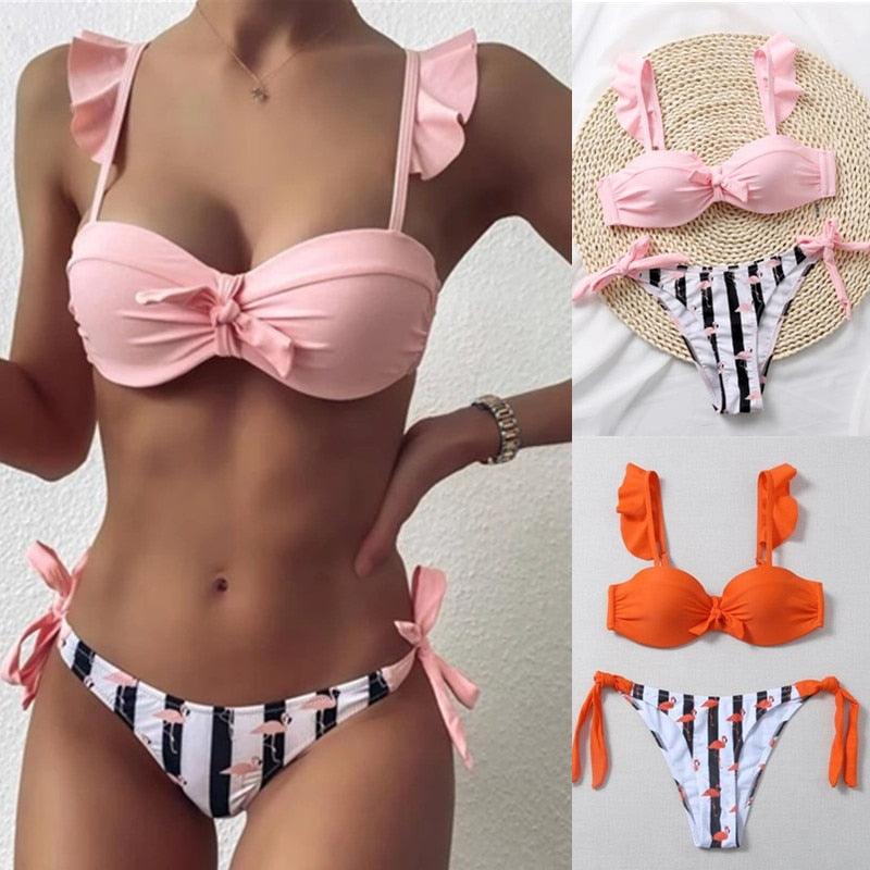 Ensemble de maillots de bain d'été 2 pièces pour femmes, hauts courts à volants et nœud papillon, maillot de bain imprimé rayé, bikini 2 pièces, maillots de bain d'été à volants et col en V