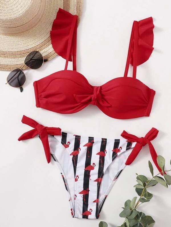 Ensemble de maillots de bain d'été 2 pièces pour femmes, hauts courts à volants et nœud papillon, maillot de bain imprimé rayé, bikini 2 pièces, maillots de bain d'été à volants et col en V