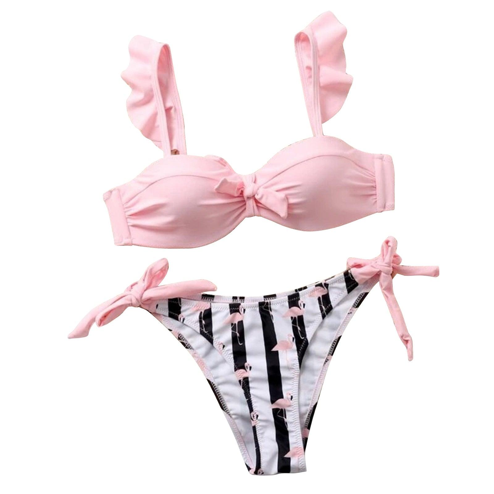 Ensemble de maillots de bain d'été 2 pièces pour femmes, hauts courts à volants et nœud papillon, maillot de bain imprimé rayé, bikini 2 pièces, maillots de bain d'été à volants et col en V