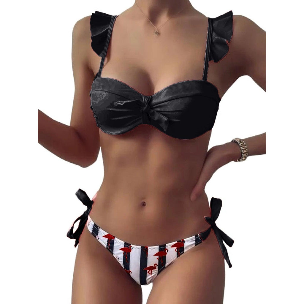 Ensemble de maillots de bain d'été 2 pièces pour femmes, hauts courts à volants et nœud papillon, maillot de bain imprimé rayé, bikini 2 pièces, maillots de bain d'été à volants et col en V