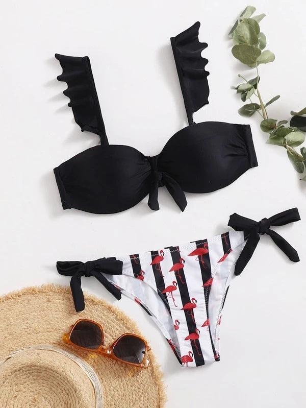 Ensemble de maillots de bain d'été 2 pièces pour femmes, hauts courts à volants et nœud papillon, maillot de bain imprimé rayé, bikini 2 pièces, maillots de bain d'été à volants et col en V