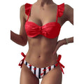 Ensemble de maillots de bain d'été 2 pièces pour femmes, hauts courts à volants et nœud papillon, maillot de bain imprimé rayé, bikini 2 pièces, maillots de bain d'été à volants et col en V
