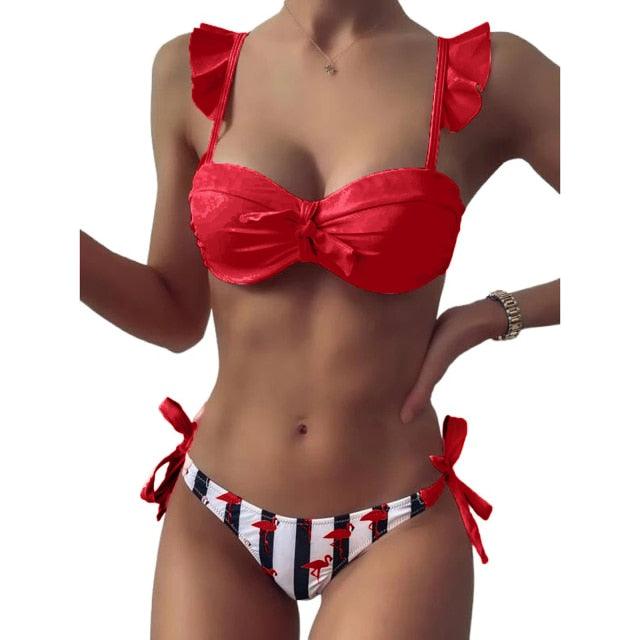 Ensemble de maillots de bain d'été 2 pièces pour femmes, hauts courts à volants et nœud papillon, maillot de bain imprimé rayé, bikini 2 pièces, maillots de bain d'été à volants et col en V