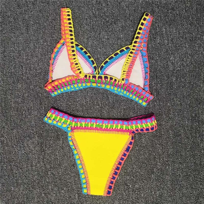 Ensemble Bikini Femme Maillot de Bain Vêtement de Plage Taille Basse Tricot Fait Main Maillot de Bain Femme Maillot de Bain Ensemble Bikini Triangle Coulissant Femme Halter Maillot de Bain Charmant à Nouer sur les Côtés