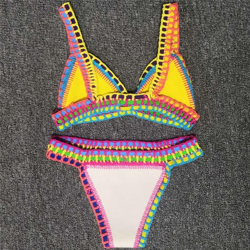 Ensemble Bikini Femme Maillot de Bain Vêtement de Plage Taille Basse Tricot Fait Main Maillot de Bain Femme Maillot de Bain Ensemble Bikini Triangle Coulissant Femme Halter Maillot de Bain Charmant à Nouer sur les Côtés
