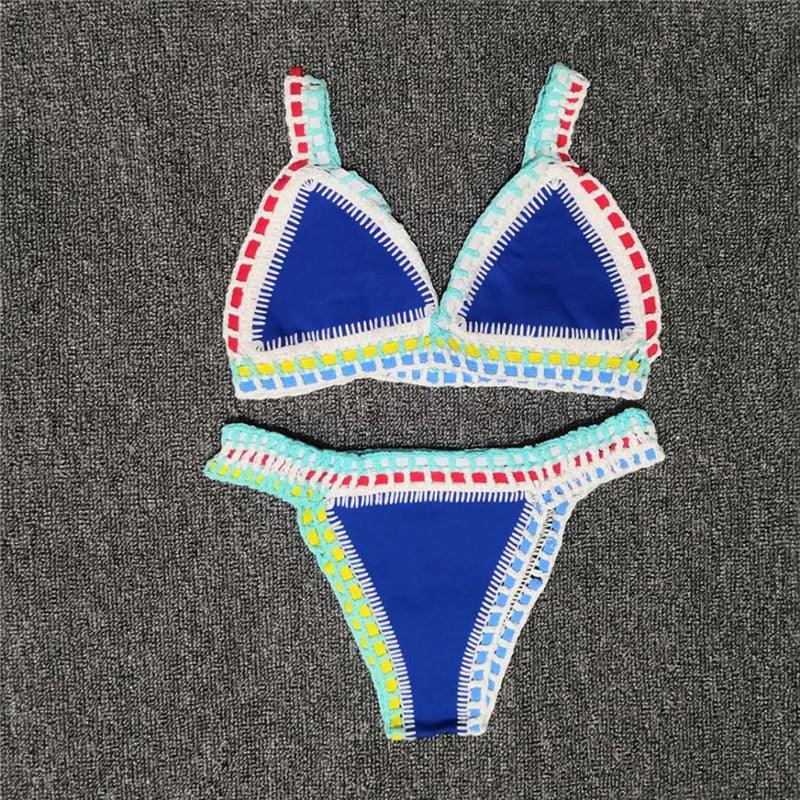 Ensemble Bikini Femme Maillot de Bain Vêtement de Plage Taille Basse Tricot Fait Main Maillot de Bain Femme Maillot de Bain Ensemble Bikini Triangle Coulissant Femme Halter Maillot de Bain Charmant à Nouer sur les Côtés