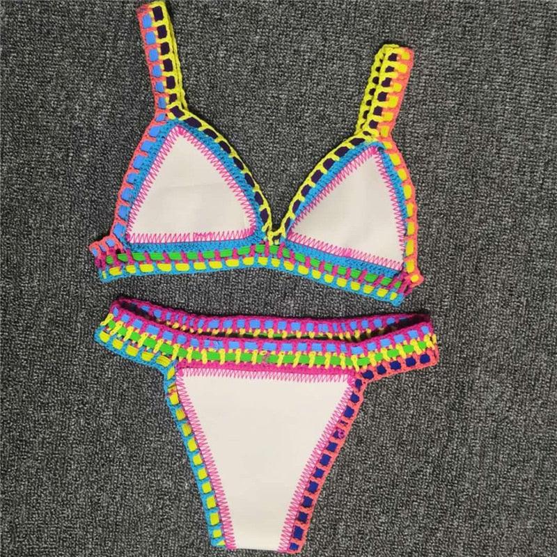 Ensemble Bikini Femme Maillot de Bain Vêtement de Plage Taille Basse Tricot Fait Main Maillot de Bain Femme Maillot de Bain Ensemble Bikini Triangle Coulissant Femme Halter Maillot de Bain Charmant à Nouer sur les Côtés