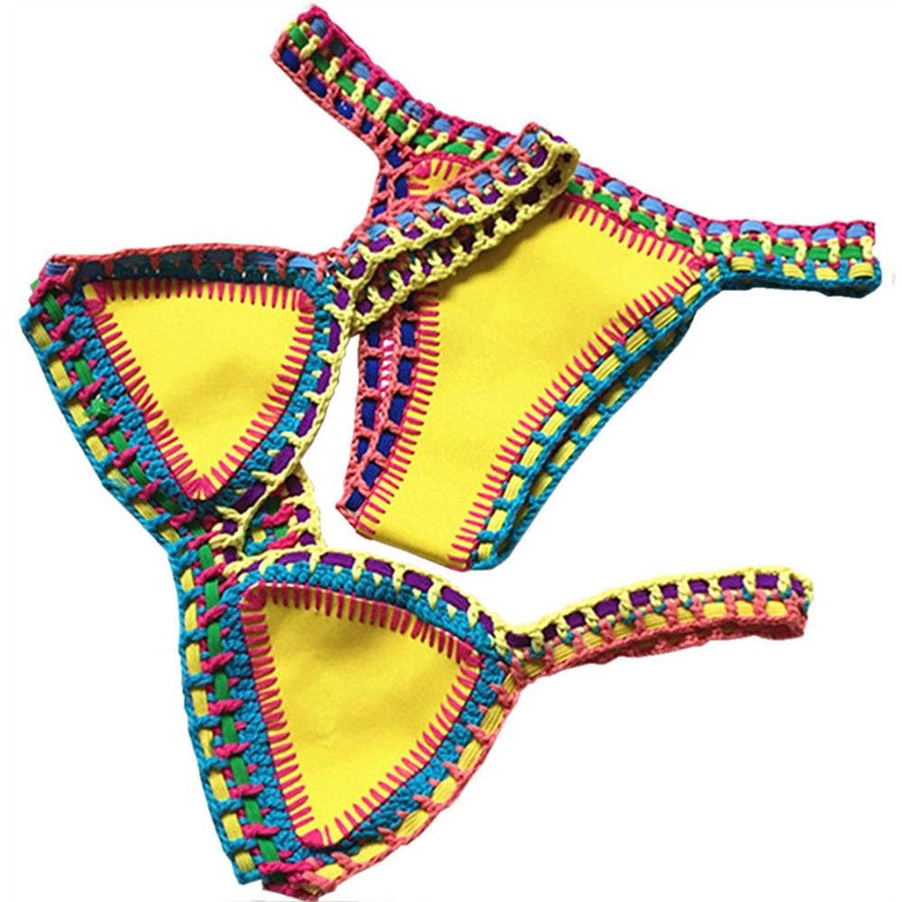 Ensemble Bikini Femme Maillot de Bain Vêtement de Plage Taille Basse Tricot Fait Main Maillot de Bain Femme Maillot de Bain Ensemble Bikini Triangle Coulissant Femme Halter Maillot de Bain Charmant à Nouer sur les Côtés