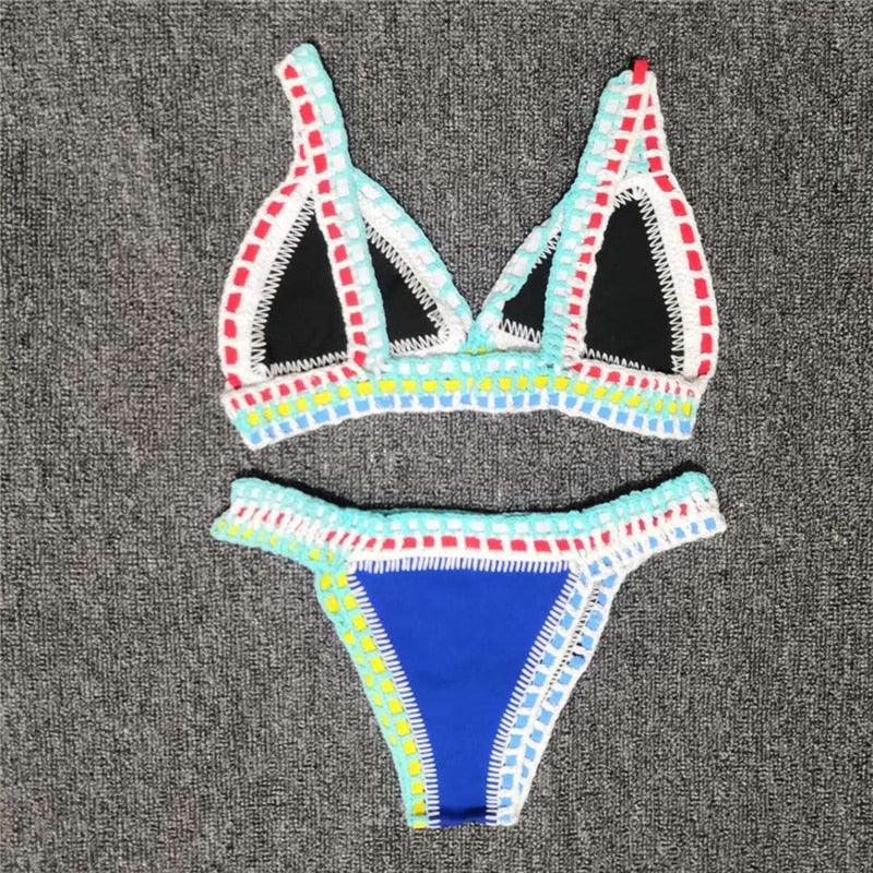 Ensemble Bikini Femme Maillot de Bain Vêtement de Plage Taille Basse Tricot Fait Main Maillot de Bain Femme Maillot de Bain Ensemble Bikini Triangle Coulissant Femme Halter Maillot de Bain Charmant à Nouer sur les Côtés