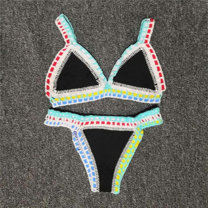 Ensemble Bikini Femme Maillot de Bain Vêtement de Plage Taille Basse Tricot Fait Main Maillot de Bain Femme Maillot de Bain Ensemble Bikini Triangle Coulissant Femme Halter Maillot de Bain Charmant à Nouer sur les Côtés