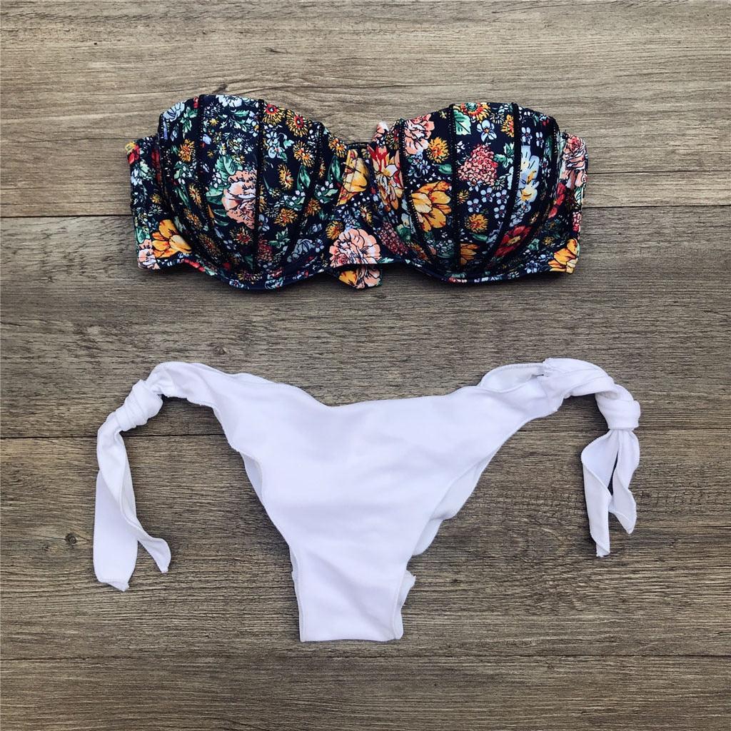 Maillot de bain bikini femme bandeau imprimé floral maillot de bain deux pièces séparé maillot de bain femme deux pièces séparé bandeau ensembles bikini hauts licou bas sans bretelles