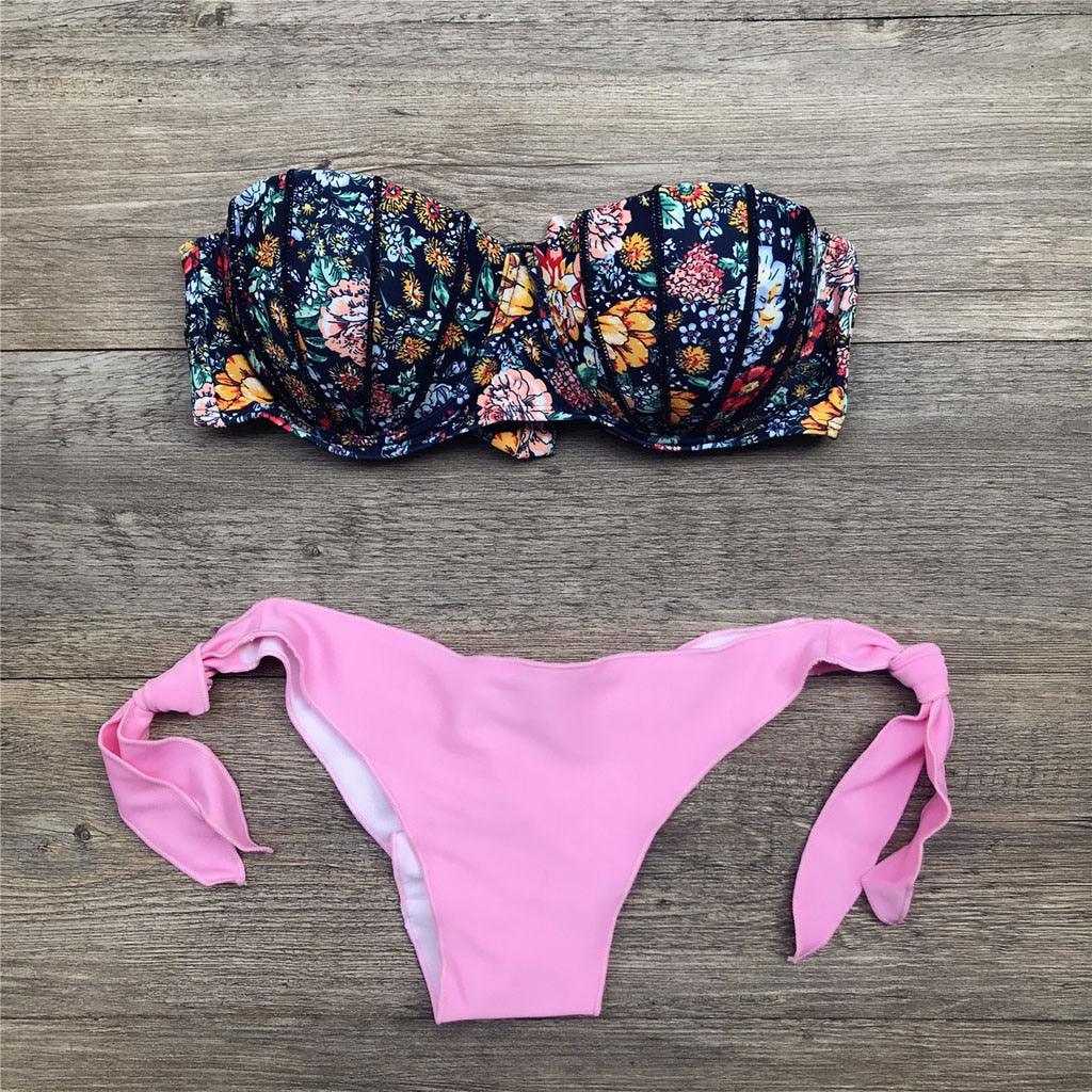 Maillot de bain bikini femme bandeau imprimé floral maillot de bain deux pièces séparé maillot de bain femme deux pièces séparé bandeau ensembles bikini hauts licou bas sans bretelles