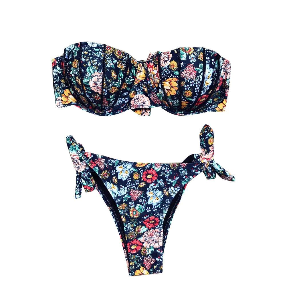 Maillot de bain bikini femme bandeau imprimé floral maillot de bain deux pièces séparé maillot de bain femme deux pièces séparé bandeau ensembles bikini hauts licou bas sans bretelles