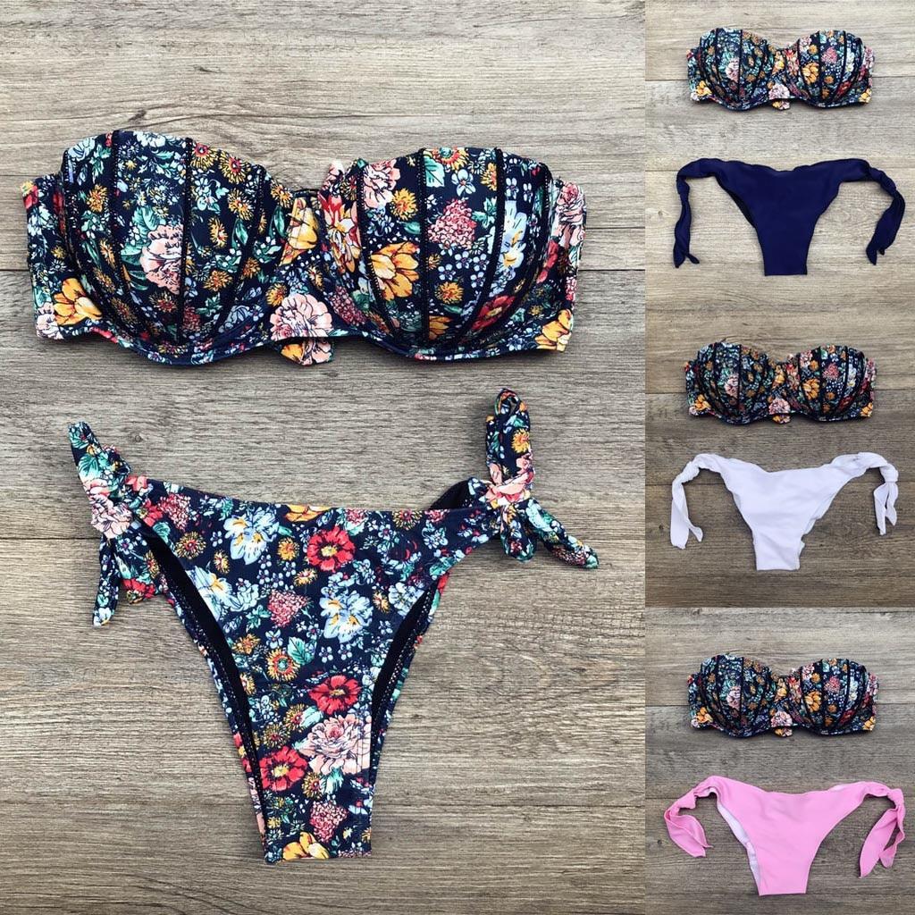Maillot de bain bikini femme bandeau imprimé floral maillot de bain deux pièces séparé maillot de bain femme deux pièces séparé bandeau ensembles bikini hauts licou bas sans bretelles