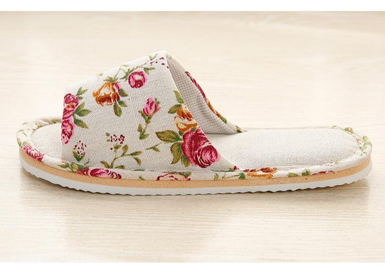 Chaussons Décontractés Floraux pour Femmes Chaussons Doux à Fleurs Printemps Automne Tongs Sandales Confortables Chaussures Décontractées Chaussons en Tissu à Bout Ouvert Chaussons Plats Bas Chaussons d'Intérieur
