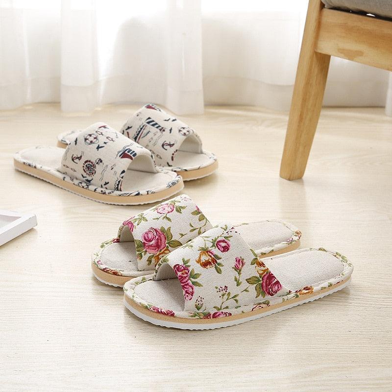Chaussons Décontractés Floraux pour Femmes Chaussons Doux à Fleurs Printemps Automne Tongs Sandales Confortables Chaussures Décontractées Chaussons en Tissu à Bout Ouvert Chaussons Plats Bas Chaussons d'Intérieur