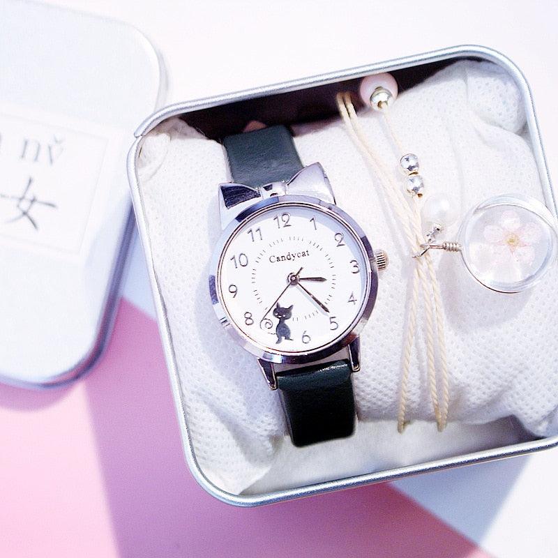 Ensemble de montres charmantes pour femmes, bracelet en cuir rose, montre étudiante, montre pour enfants avec bracelet en cuir motif chat noir et cadran rond, montres à quartz pour femmes, cadran chat avec montre à quartz à cadran en acier inoxydable