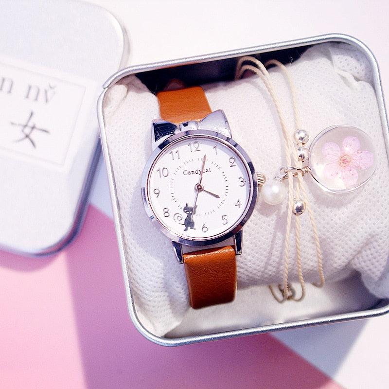 Ensemble de montres charmantes pour femmes, bracelet en cuir rose, montre étudiante, montre pour enfants avec bracelet en cuir motif chat noir et cadran rond, montres à quartz pour femmes, cadran chat avec montre à quartz à cadran en acier inoxydable