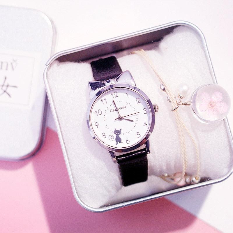 Ensemble de montres charmantes pour femmes, bracelet en cuir rose, montre étudiante, montre pour enfants avec bracelet en cuir motif chat noir et cadran rond, montres à quartz pour femmes, cadran chat avec montre à quartz à cadran en acier inoxydable