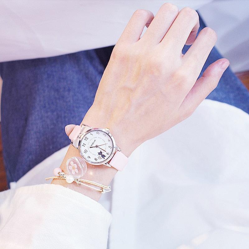 Ensemble de montres charmantes pour femmes, bracelet en cuir rose, montre étudiante, montre pour enfants avec bracelet en cuir motif chat noir et cadran rond, montres à quartz pour femmes, cadran chat avec montre à quartz à cadran en acier inoxydable