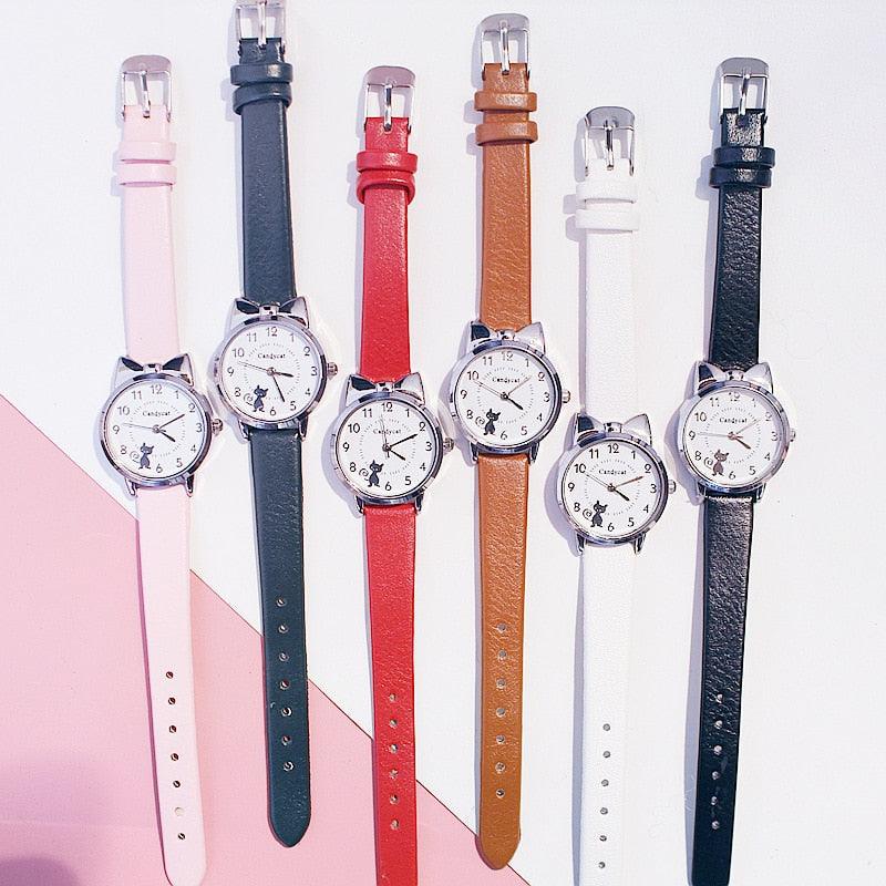 Ensemble de montres charmantes pour femmes, bracelet en cuir rose, montre étudiante, montre pour enfants avec bracelet en cuir motif chat noir et cadran rond, montres à quartz pour femmes, cadran chat avec montre à quartz à cadran en acier inoxydable