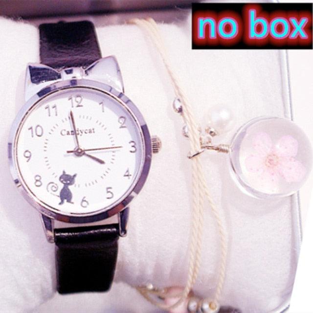 Ensemble de montres charmantes pour femmes, bracelet en cuir rose, montre étudiante, montre pour enfants avec bracelet en cuir motif chat noir et cadran rond, montres à quartz pour femmes, cadran chat avec montre à quartz à cadran en acier inoxydable