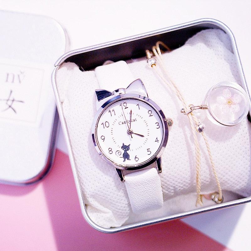 Ensemble de montres charmantes pour femmes, bracelet en cuir rose, montre étudiante, montre pour enfants avec bracelet en cuir motif chat noir et cadran rond, montres à quartz pour femmes, cadran chat avec montre à quartz à cadran en acier inoxydable