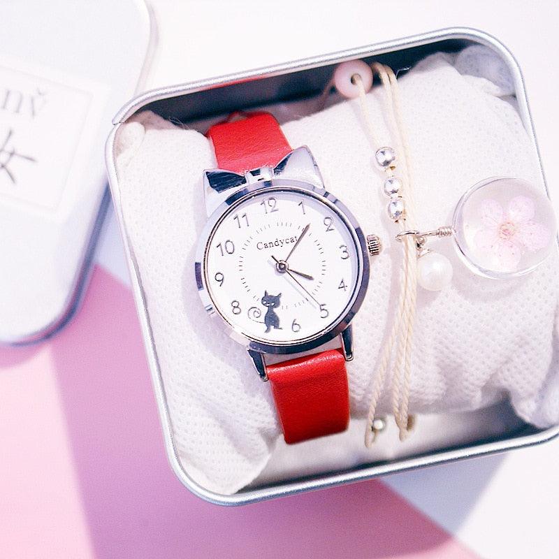 Ensemble de montres charmantes pour femmes, bracelet en cuir rose, montre étudiante, montre pour enfants avec bracelet en cuir motif chat noir et cadran rond, montres à quartz pour femmes, cadran chat avec montre à quartz à cadran en acier inoxydable