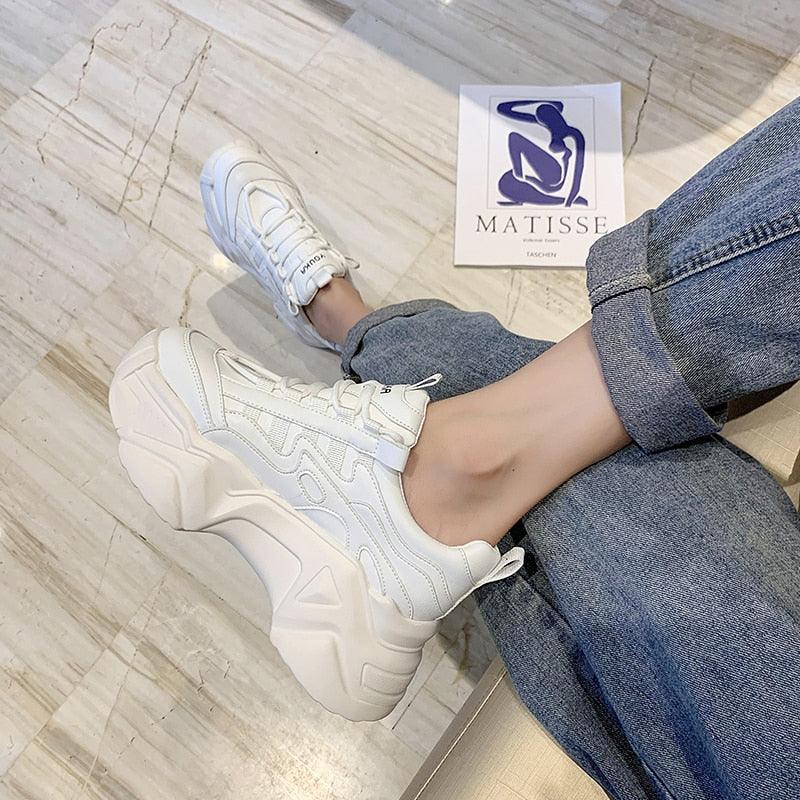Baskets Chunky Femme Décontractées Vulcanisées Femme Baskets à Plateforme Haute Lacets Baskets Blanches Chaussures Blanches Mode Automne Hiver Plateforme de Haute Qualité Baskets