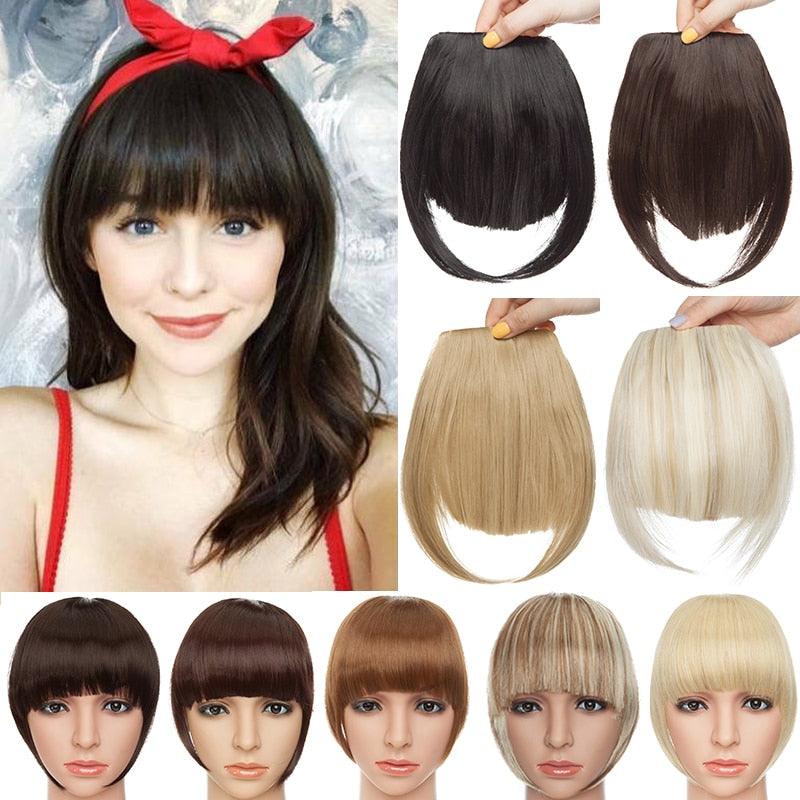 Frange à clipser pour femmes, extension de cheveux synthétiques à clipser, frange droite, fausse frange pour femmes, frange plate et nette avec tempes pour femmes, postiche d'une seule pièce