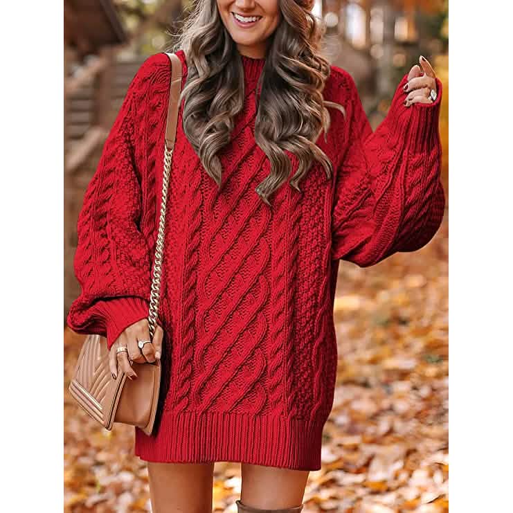 Robes pull courtes, coupe ample, à col rond et manches longues, en grosse maille torsadée, pour femme