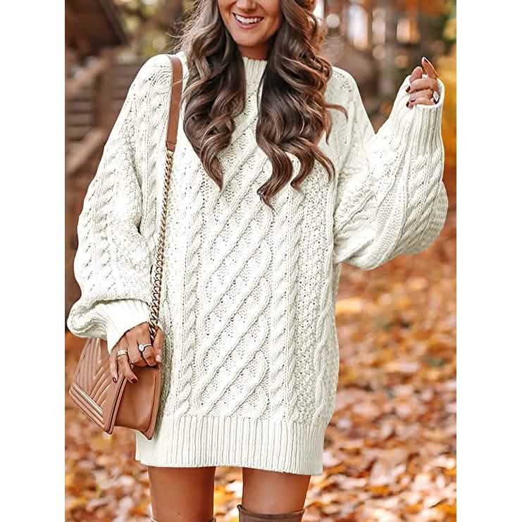 Robes pull courtes, coupe ample, à col rond et manches longues, en grosse maille torsadée, pour femme