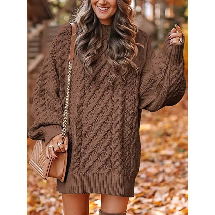 Robes pull courtes, coupe ample, à col rond et manches longues, en grosse maille torsadée, pour femme