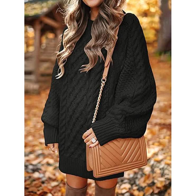 Robes pull courtes, coupe ample, à col rond et manches longues, en grosse maille torsadée, pour femme