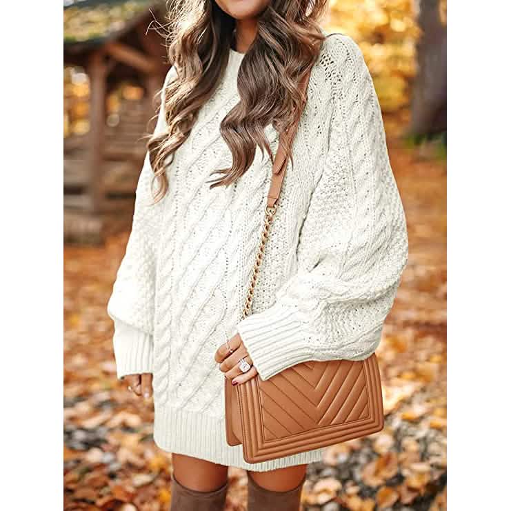 Robes pull courtes, coupe ample, à col rond et manches longues, en grosse maille torsadée, pour femme