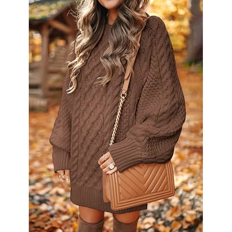 Robes pull courtes, coupe ample, à col rond et manches longues, en grosse maille torsadée, pour femme