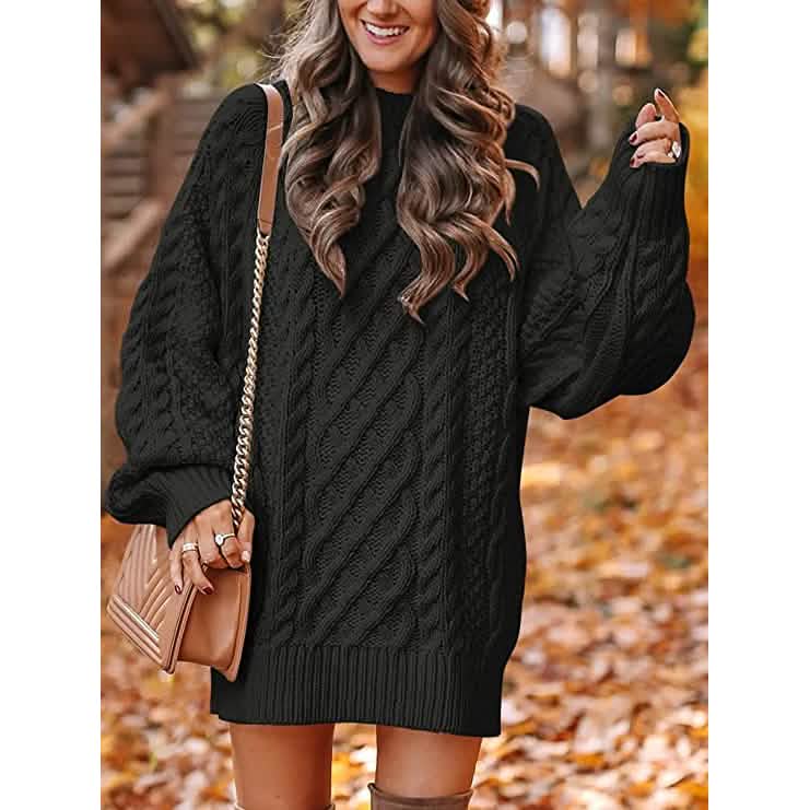 Robes pull courtes, coupe ample, à col rond et manches longues, en grosse maille torsadée, pour femme