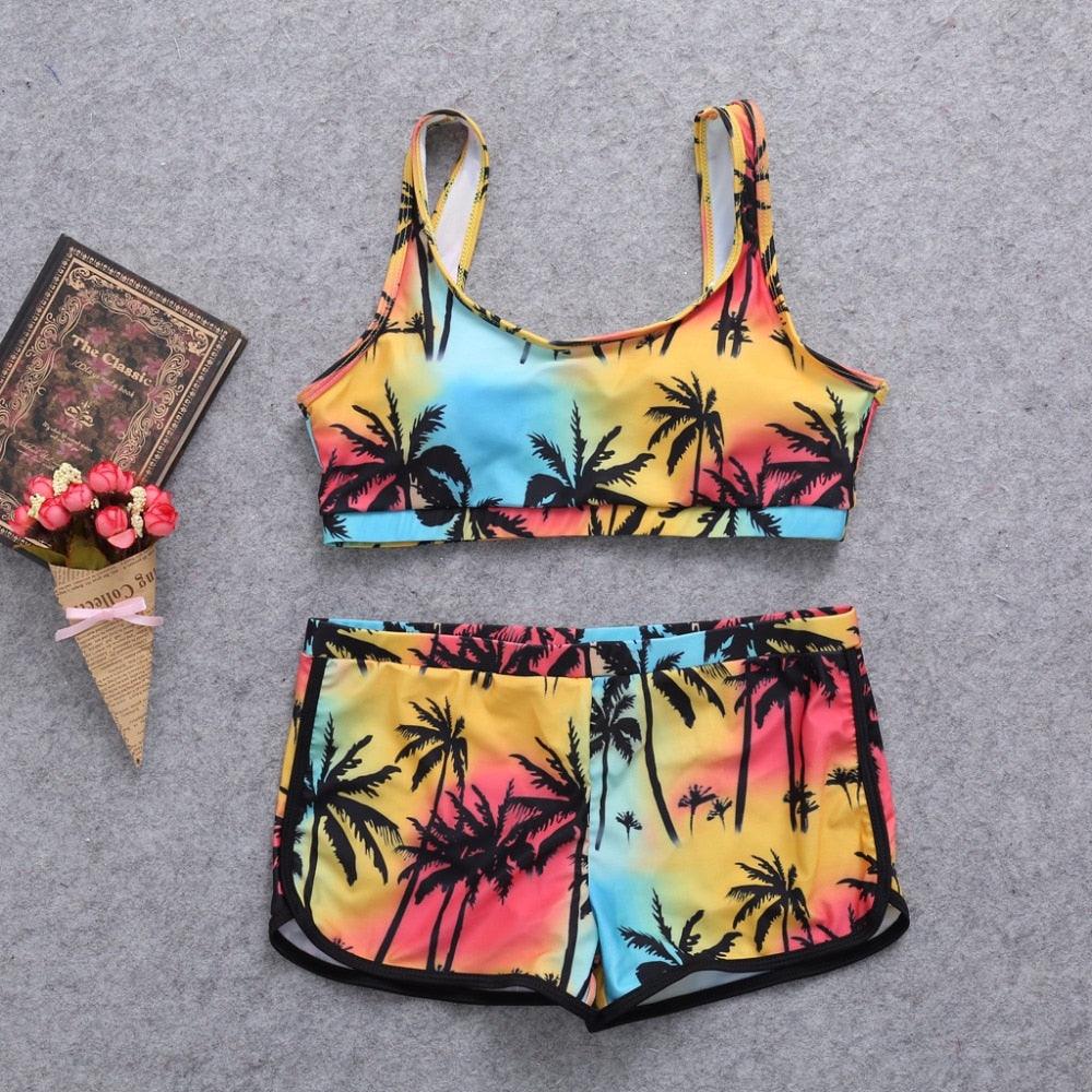 Maillot de bain court pour femme, short taille haute, bikini floral, maillot de bain de plage, nouveauté, ensemble de bikini deux pièces taille haute avec licou pour femme, maillot de bain doux assorti
